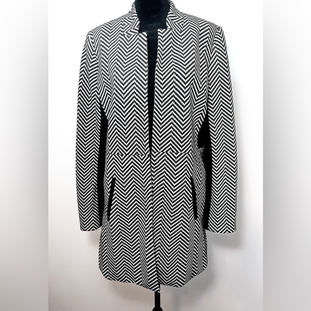 Kasper Women Black White Herringbone Chevron Open Front Longline Blazer Jacket 8